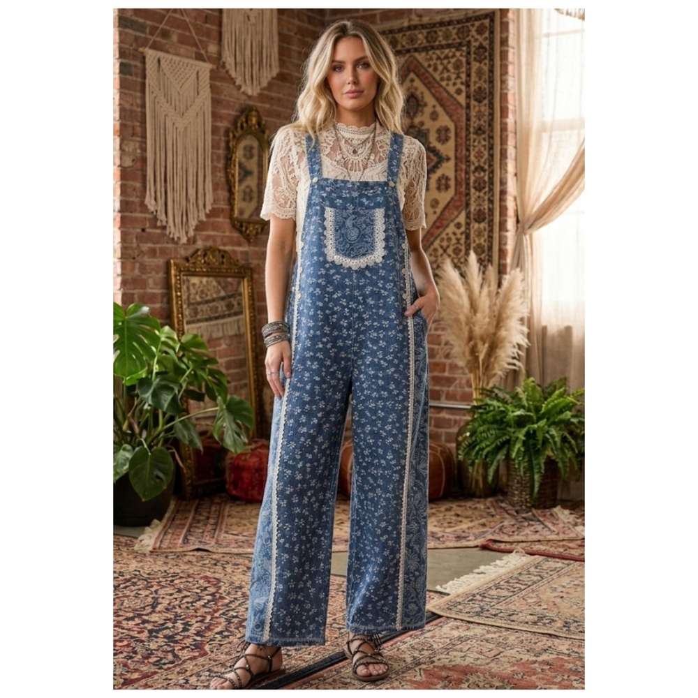 Blue Textured Floral Denim Overalls Jeans